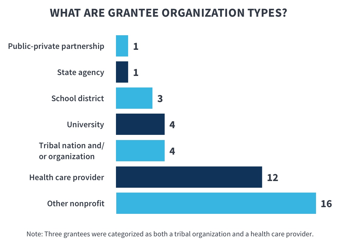 This graphic shows what types of organizations the grantees are. One grantee is a public-private partnership organization;one grantee is a state agency; three grantees are school districts; four grantees are universities; four grantees are tribalnations or tribal organizations; twelve grantees are health care providers; and 16 grantees are other types of nonprofit organizations.Note that three grantees are both tribal organizations and health care provider organizations.